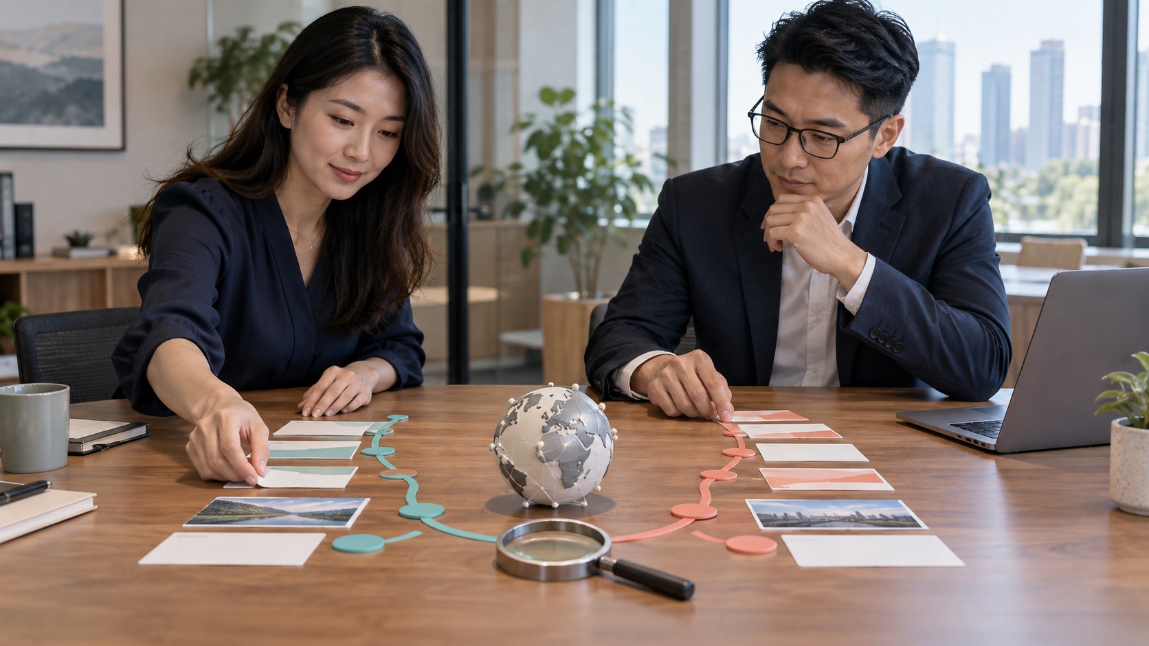 两位企业团队成员在桌前规划两条通向海外市场的网站内容路径，桌上放有地球模型和放大镜。