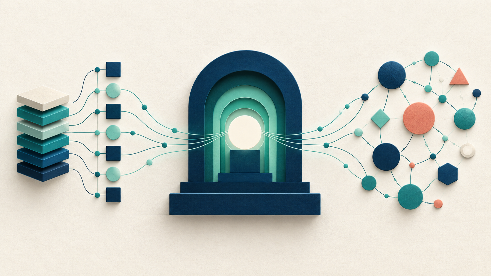 A navy knowledge beacon connects a layered search index with an abstract network of AI answer sources.