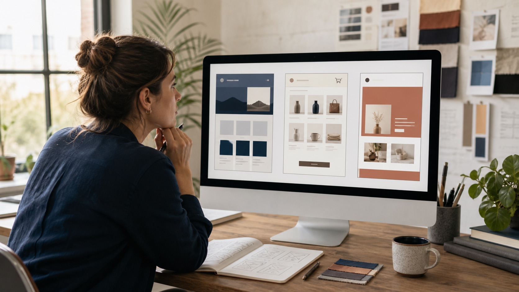A business owner comparing three website approaches on a desktop monitor
