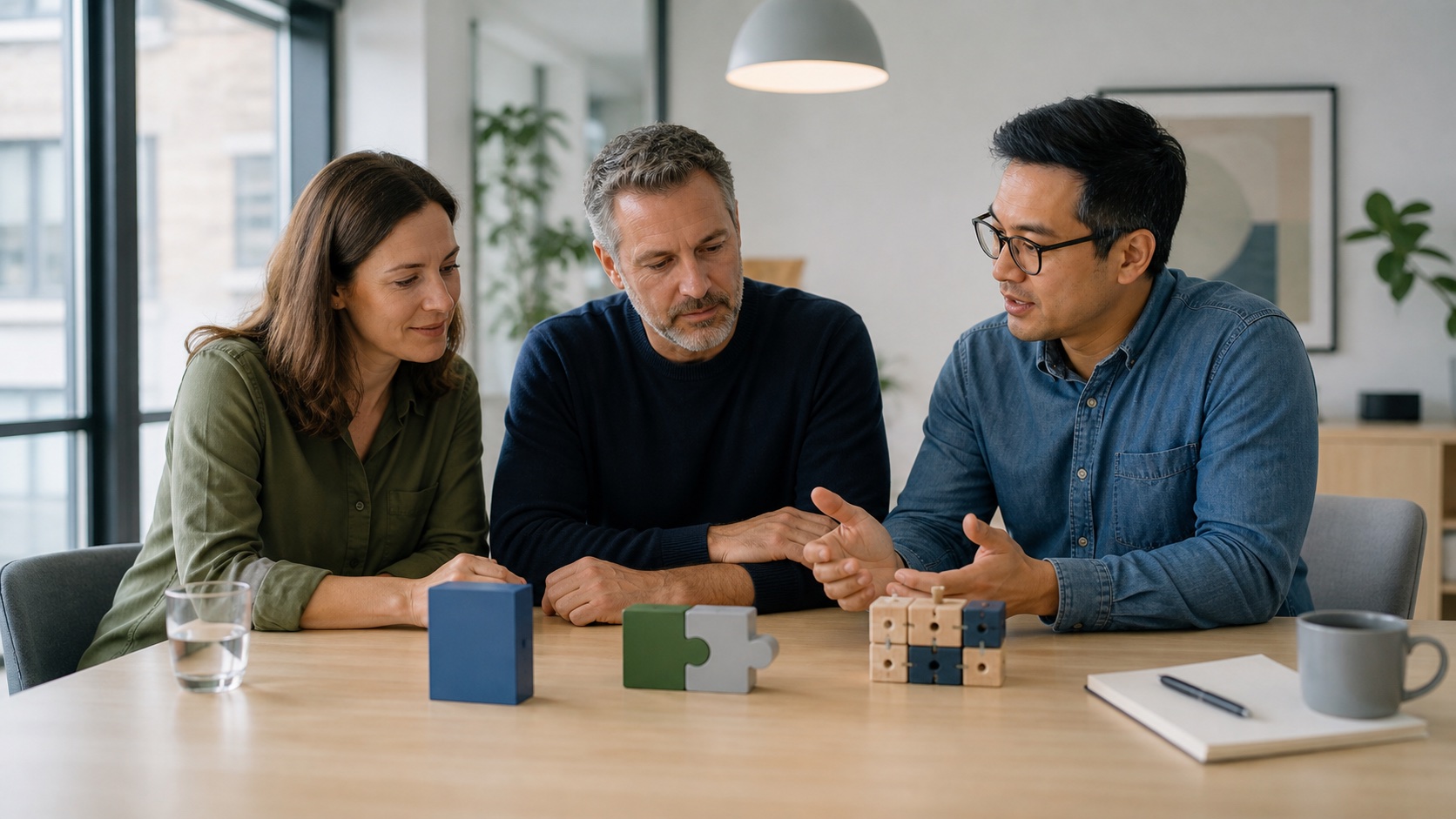 Three colleagues at a table comparing a software box, connector pieces and modular blocks.