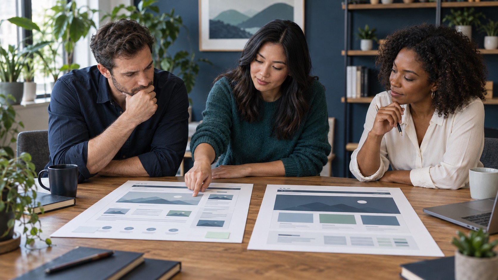 Three colleagues compare two printed website planning approaches at a wooden table.